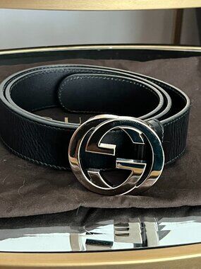 Authentic Gucci Black Leather Belt with Silver Buckle Size 85mm (34 inches)